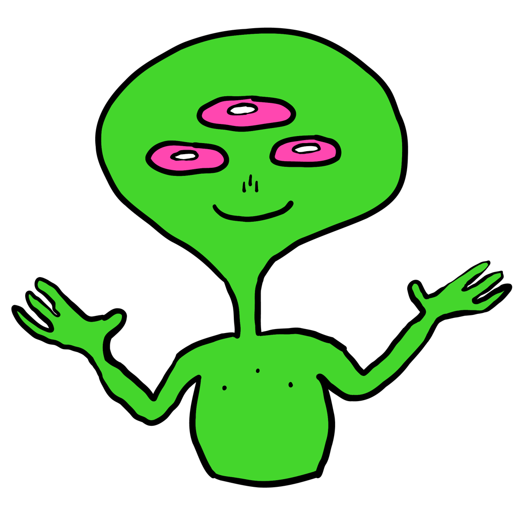 Small digital illustration of a green alien with three pink eyes, nose holes and nipples]